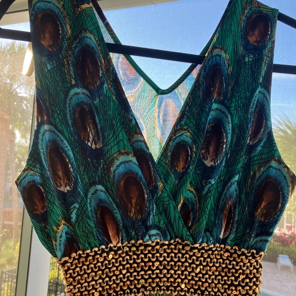Green Multicolored V Neck Sleeveless Peacock Print Maxi Dress Sz M - Picture 2 of 14